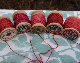 Silk Embroidery Thread Naturally Dyed on 5 Small Vintage Wooden Spools Shades of Red and Deep Pink Dyed with Madder Roots 10 Yards Each