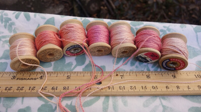 Silk EmbroideryThread on 7 Vintage Wooden Spools Light Shades of Pink Naturally Dyed with Madder Roots and Cochineal 10 Yards Each Spool image 5