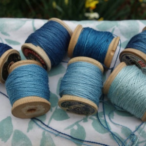 Silk Embroidery Thread Natural Dye on 7 Vintage Wooden Spools Shades of Light Medium and Dark Blue Dyed with Natural Indigo 20 Yards Each image 1