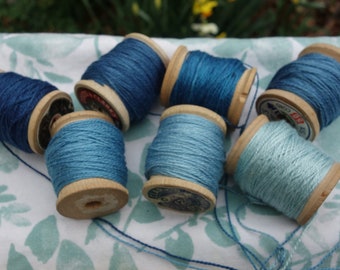 Silk Embroidery Thread Natural Dye on 7 Vintage Wooden Spools Shades of Light Medium and Dark Blue  Dyed with Natural Indigo 20 Yards Each