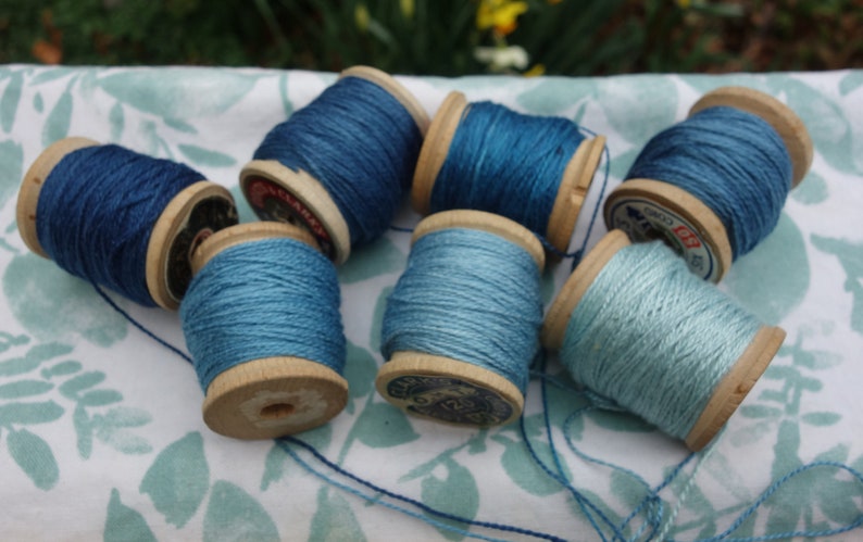 Silk Embroidery Thread Natural Dye on 7 Vintage Wooden Spools Shades of Light Medium and Dark Blue Dyed with Natural Indigo 20 Yards Each image 1