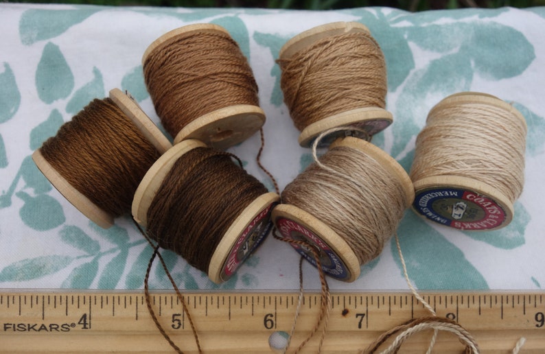 Silk Embroidery Threads Naturally Dyed on 6 Vintage Wooden Spools Dark Medium and Pale Brown Shades Dyed with Walnut Hulls 20 Yards Each image 8