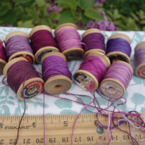 Silk Embroidery Thread Purple Pink and Lavender Natural Dye on 11 Vintage Wood Spools Dyed with Cochineal and Indigo 10 Yards Each Spool image 2