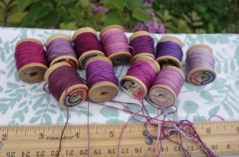 Silk Embroidery Thread Purple Pink and Lavender Natural Dye on 11 Vintage Wood Spools Dyed with Cochineal and Indigo 10 Yards Each Spool image 2