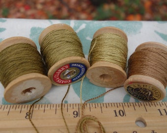 Silk Embroidery Threads Naturally Dyed on 4 Vintage Wooden Spools Greenish Brown and Tan Shades Plant Dyed with Walnut Hulls 10 Yards Each