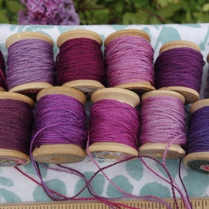 Silk Embroidery Thread Purple Pink and Lavender Natural Dye on 11 Vintage Wood Spools Dyed with Cochineal and Indigo 10 Yards Each Spool image 10