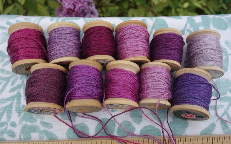 Silk Embroidery Thread Purple Pink and Lavender Natural Dye on 11 Vintage Wood Spools Dyed with Cochineal and Indigo 10 Yards Each Spool image 10