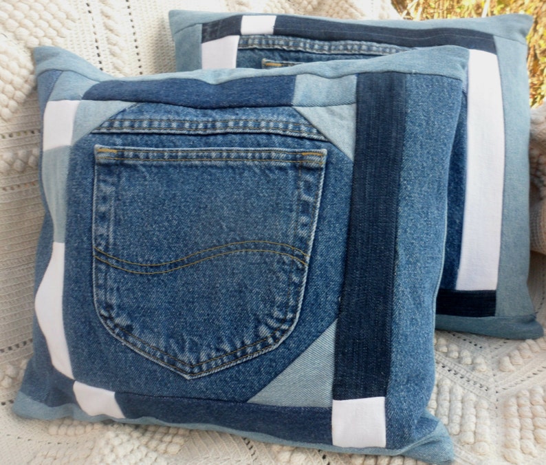 Blue Jean Pillow Covers Denim Patchwork Set of 2 Upcycled Etsy