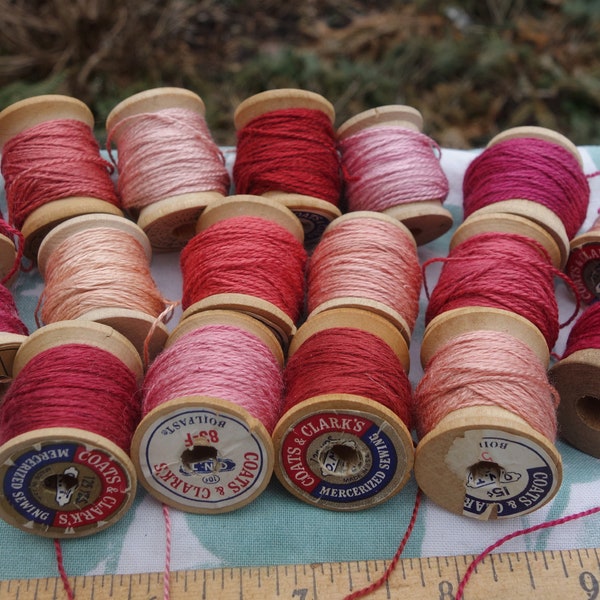 Silk Embroidery Thread Natural Dye on 17 Small Vintage Wooden Spools Pink Peach and Red Dyed with Madder Roots and Cochineal 10 Yards Each