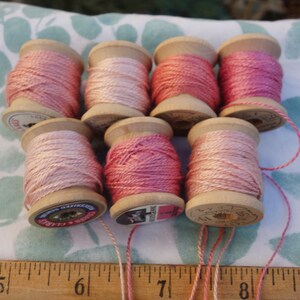 Silk EmbroideryThread on 7 Vintage Wooden Spools Light Shades of Pink Naturally Dyed with Madder Roots and Cochineal 10 Yards Each Spool image 10