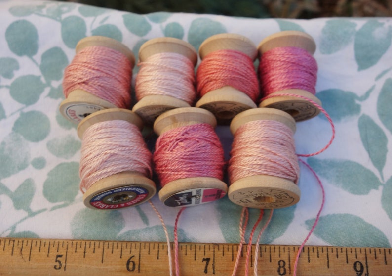 Silk EmbroideryThread on 7 Vintage Wooden Spools Light Shades of Pink Naturally Dyed with Madder Roots and Cochineal 10 Yards Each Spool image 10