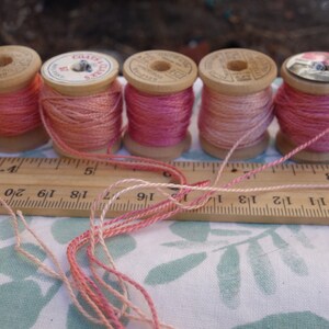 Silk EmbroideryThread on 7 Vintage Wooden Spools Light Shades of Pink Naturally Dyed with Madder Roots and Cochineal 10 Yards Each Spool image 4