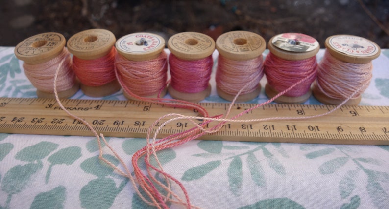 Silk EmbroideryThread on 7 Vintage Wooden Spools Light Shades of Pink Naturally Dyed with Madder Roots and Cochineal 10 Yards Each Spool image 4