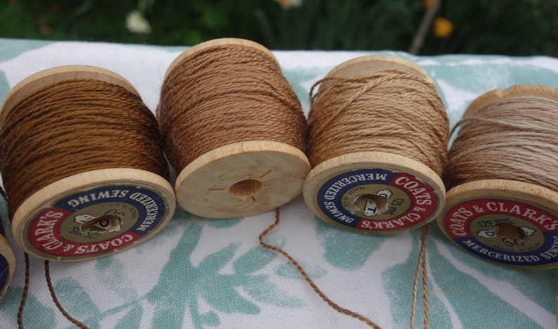 Silk Embroidery Threads Naturally Dyed on 6 Vintage Wooden Spools Dark Medium and Pale Brown Shades Dyed with Walnut Hulls 20 Yards Each image 4