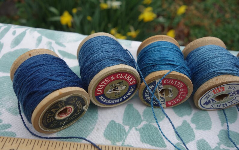 Silk Embroidery Thread Natural Dye on 7 Vintage Wooden Spools Shades of Light Medium and Dark Blue Dyed with Natural Indigo 20 Yards Each image 5