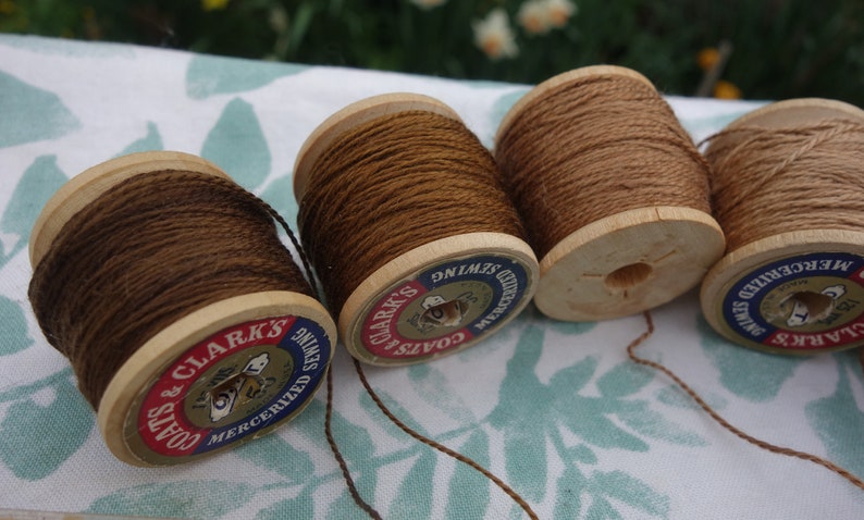 Silk Embroidery Threads Naturally Dyed on 6 Vintage Wooden Spools Dark Medium and Pale Brown Shades Dyed with Walnut Hulls 20 Yards Each image 3