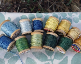 Silk Embroidery Thread Natural Dye on 12 Small Vintage Wooden Spools Yellow Green Blue Hand Dyed with Coreopsis Weld Indigo 10 Yards Each