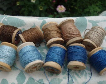 Silk Embroidery Thread Natural Dye on 10 Vintage Wooden Spools Blue and Brown Silk Thread Natural Indigo and Walnut Dye 10 Yards Each Spool