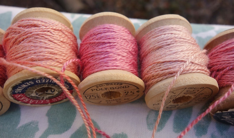 Silk EmbroideryThread on 7 Vintage Wooden Spools Light Shades of Pink Naturally Dyed with Madder Roots and Cochineal 10 Yards Each Spool image 7