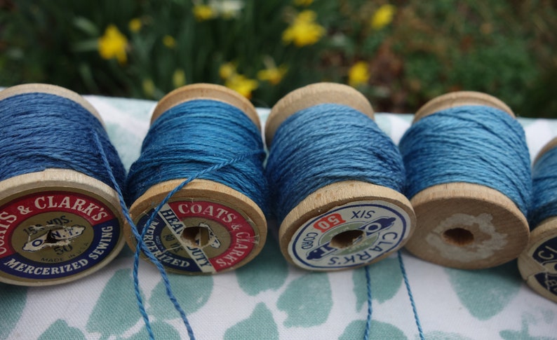 Silk Embroidery Thread Natural Dye on 7 Vintage Wooden Spools Shades of Light Medium and Dark Blue Dyed with Natural Indigo 20 Yards Each image 6