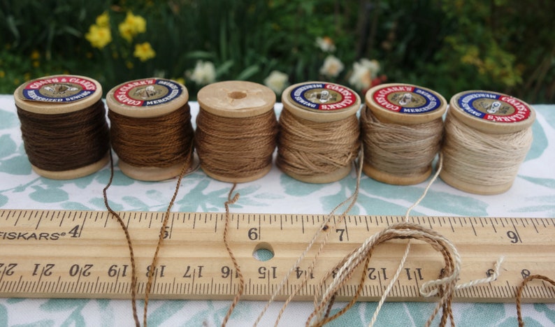 Silk Embroidery Threads Naturally Dyed on 6 Vintage Wooden Spools Dark Medium and Pale Brown Shades Dyed with Walnut Hulls 20 Yards Each image 6