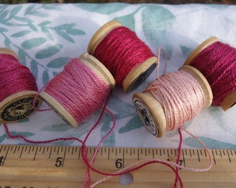 Plant Dyed Silk Embroidery Thread on 5 Vintage Wooden Spools Shades of Pink and Red Dyed with Cochineal and Madder Roots 10 Yards Each Spool