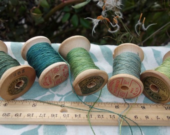 Silk Embroidery Thread Natural Dyes on 5 Vintage Wooden Spools Green Dyed with Indigo Marigolds and Coreopsis Flowers 20 Yards Each Spool