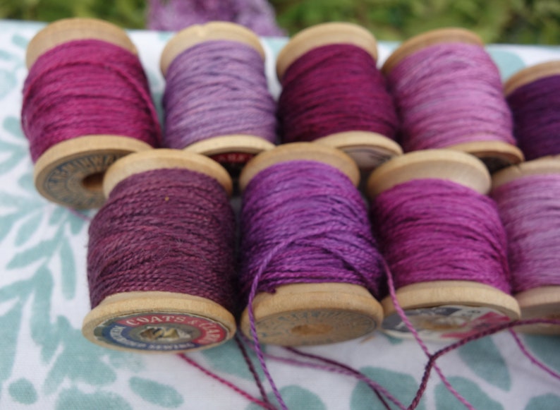 Silk Embroidery Thread Purple Pink and Lavender Natural Dye on 11 Vintage Wood Spools Dyed with Cochineal and Indigo 10 Yards Each Spool image 7