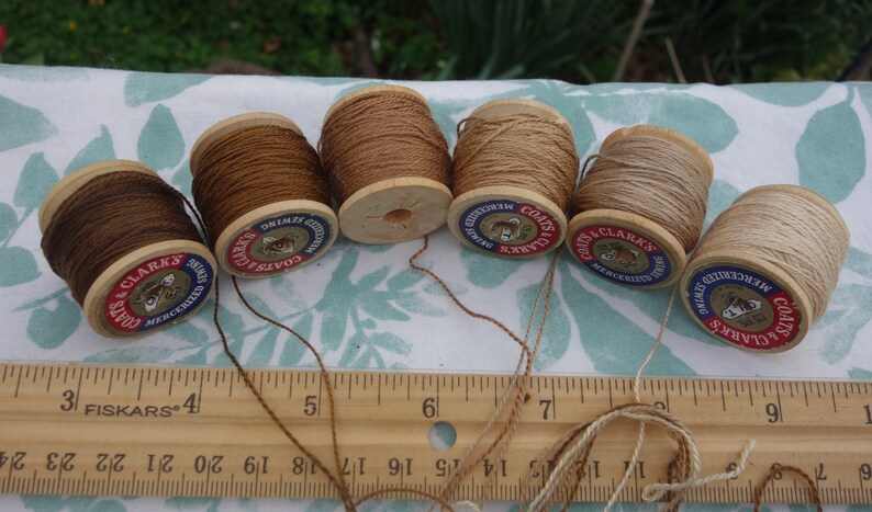 Silk Embroidery Threads Naturally Dyed on 6 Vintage Wooden Spools Dark Medium and Pale Brown Shades Dyed with Walnut Hulls 20 Yards Each image 2