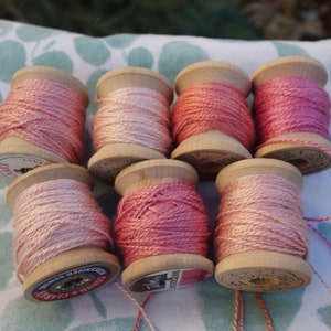 Silk EmbroideryThread on 7 Vintage Wooden Spools Light Shades of Pink Naturally Dyed with Madder Roots and Cochineal 10 Yards Each Spool image 3