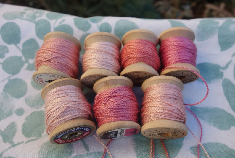 Silk EmbroideryThread on 7 Vintage Wooden Spools Light Shades of Pink Naturally Dyed with Madder Roots and Cochineal 10 Yards Each Spool image 3