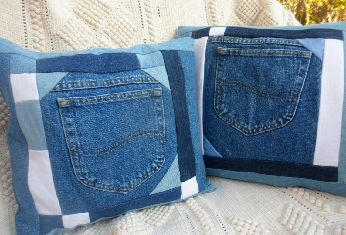 Blue Jean Pillow Covers Denim Patchwork Set of 2 Upcycled Etsy