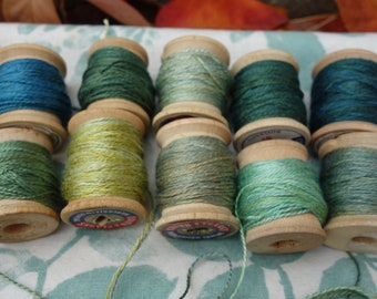 Green Silk Embroidery Threads Naturally Dyed on 10 Vintage Wooden Spools Plant Dyed with Indigo Marigolds and Corepsis Flowers 10 Yards Each