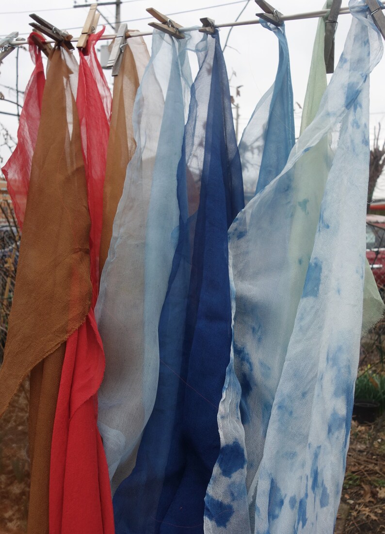 Silk Gauze Fabrics 10x 28 to 28x 40 Plant Dyes 9 Pieces Silk Naturally Dyed with Indigo Walnuts and Madder Blue Red Brown Silk Gauze zdjęcie 3