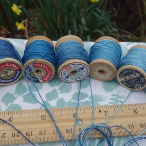 Silk Embroidery Thread Natural Dye on 7 Vintage Wooden Spools Shades of Light Medium and Dark Blue Dyed with Natural Indigo 20 Yards Each image 2