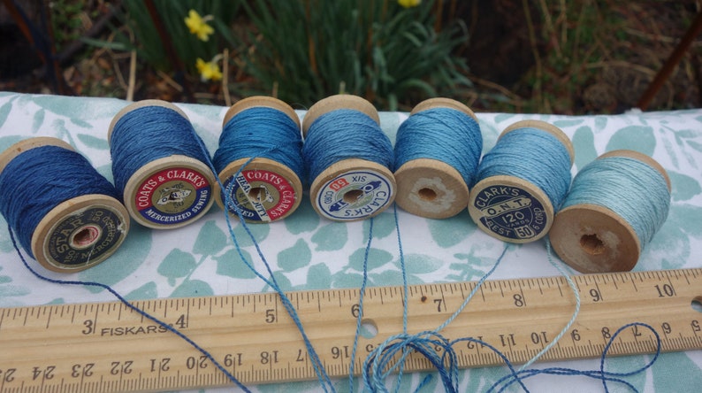 Silk Embroidery Thread Natural Dye on 7 Vintage Wooden Spools Shades of Light Medium and Dark Blue Dyed with Natural Indigo 20 Yards Each image 2