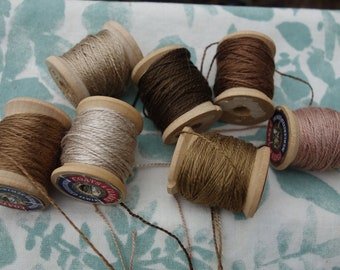 Silk Thread Natural Dye on 7 Vintage Wooden Spools Dark Brown Golden Brown Pale Gray-Tan Dyed with Walnut Hulls 10 Yards Each