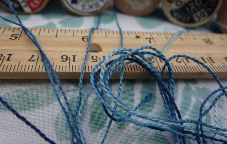 Silk Embroidery Thread Natural Dye on 7 Vintage Wooden Spools Shades of Light Medium and Dark Blue Dyed with Natural Indigo 20 Yards Each image 4