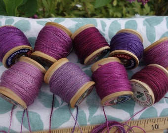 Silk Embroidery Thread Purple Lilac and Pink Natural Dye on 9 Vintage Wood Spools Dyed with Madder Cochineal and Indigo 20 Yards Each Spool