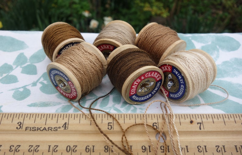 Silk Embroidery Threads Naturally Dyed on 6 Vintage Wooden Spools Dark Medium and Pale Brown Shades Dyed with Walnut Hulls 20 Yards Each image 9