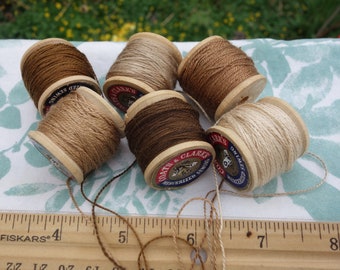 Silk Embroidery Threads Naturally Dyed on 6 Vintage Wooden Spools Dark Medium and Pale Brown Shades Dyed with Walnut Hulls 20 Yards Each