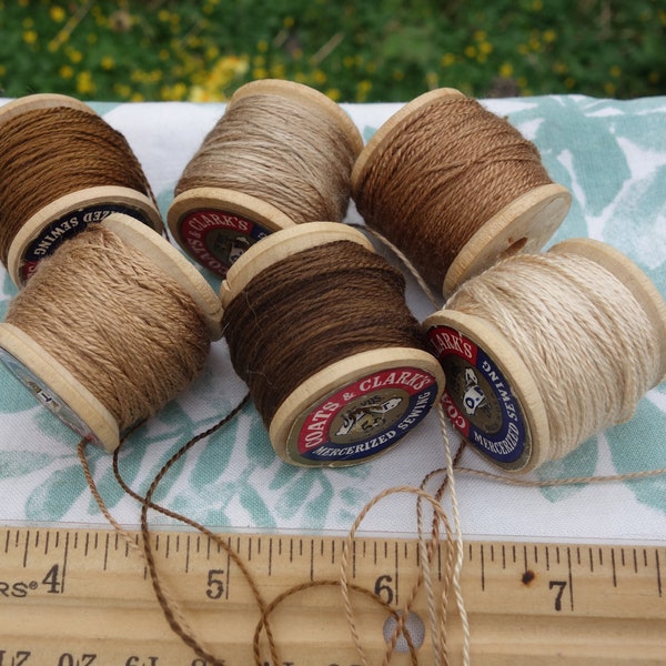 Silk Embroidery Threads Naturally Dyed on 6 Vintage Wooden Spools Dark Medium and Pale Brown Shades Dyed with Walnut Hulls 20 Yards Each