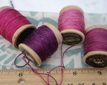 Silk Embroidery Thread Purple and Violet Pink Natural Dye on 4 Vintage Wood Spools Dyed with Madder Cochineal and Indigo 20 Yards Each Spool