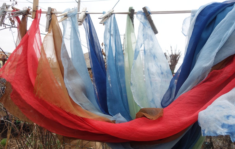 Silk Gauze Fabrics 10x 28 to 28x 40 Plant Dyes 9 Pieces Silk Naturally Dyed with Indigo Walnuts and Madder Blue Red Brown Silk Gauze zdjęcie 6