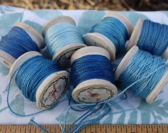 Indigo Dyed Silk Embroidery Threads Naturally Dyed on 7 Vintage Wooden Spools Blue Silk Plant Dyed with Indigo 10 Yards