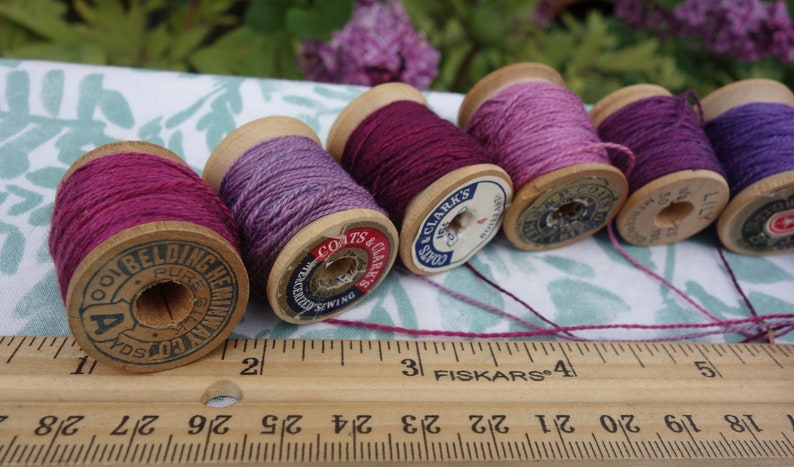 Silk Embroidery Thread Purple Pink and Lavender Natural Dye on 11 Vintage Wood Spools Dyed with Cochineal and Indigo 10 Yards Each Spool image 4