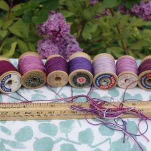 Silk Embroidery Thread Purple Pink and Lavender Natural Dye on 11 Vintage Wood Spools Dyed with Cochineal and Indigo 10 Yards Each Spool image 3