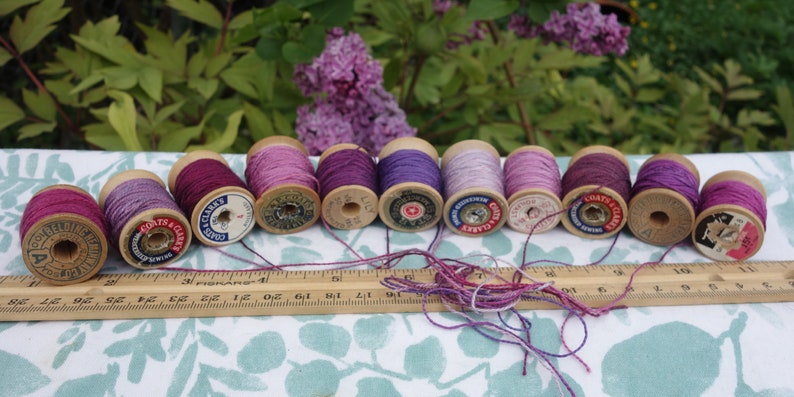 Silk Embroidery Thread Purple Pink and Lavender Natural Dye on 11 Vintage Wood Spools Dyed with Cochineal and Indigo 10 Yards Each Spool image 3