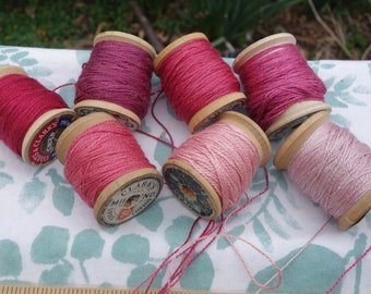 Silk Embroidery Thread Naturally Dyed on 7 Vintage Wooden Spools Shades of Pink Violet Pale Lavender Natural Cochineal Dye 20 Yards Each