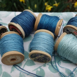 Silk Embroidery Thread Natural Dye on 7 Vintage Wooden Spools Shades of Light Medium and Dark Blue Dyed with Natural Indigo 20 Yards Each image 8